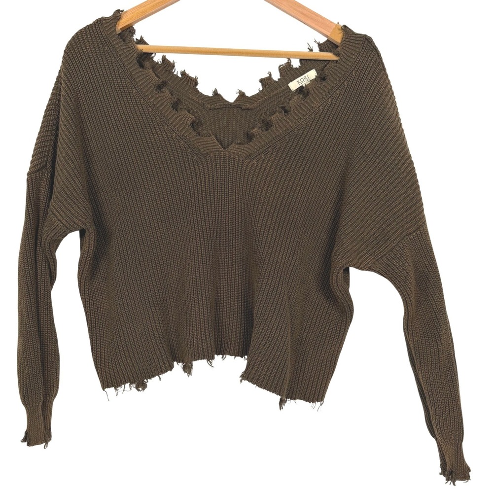 Kori America Distressed V-Neck Sweater Women Small Olive Ribbed Knit Frayed Edge